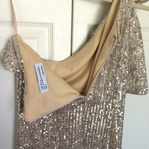 Ieena Mac Duggal Champagne and Silver Sequin One Shoulder Gown Size 8 - Picture 14 of 14